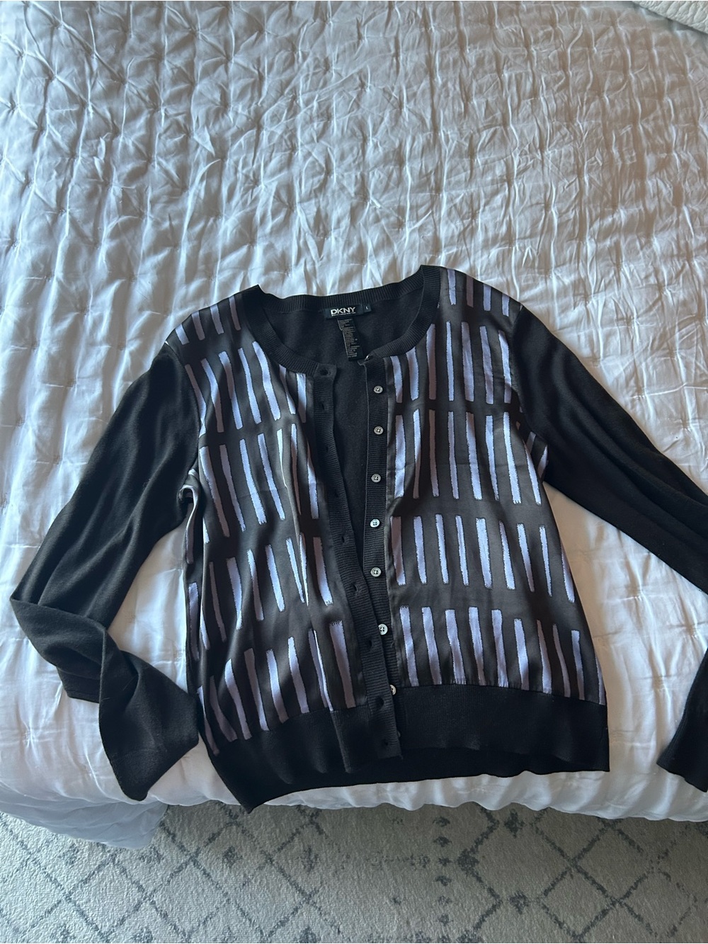 DKNY Black Cardigan with Lavender Stripe Accents